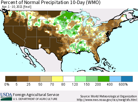 United States Percent of Normal Precipitation 10-Day (WMO) Thematic Map For 4/1/2021 - 4/10/2021
