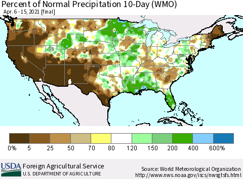 United States Percent of Normal Precipitation 10-Day (WMO) Thematic Map For 4/6/2021 - 4/15/2021