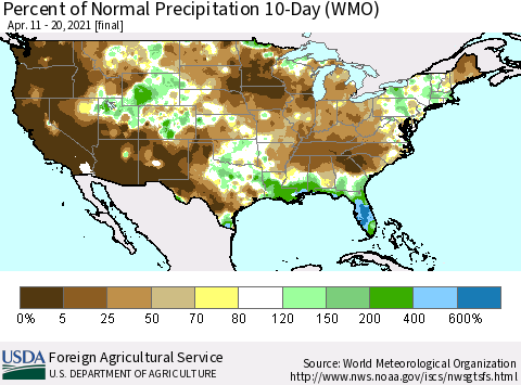 United States Percent of Normal Precipitation 10-Day (WMO) Thematic Map For 4/11/2021 - 4/20/2021