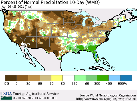 United States Percent of Normal Precipitation 10-Day (WMO) Thematic Map For 4/16/2021 - 4/25/2021