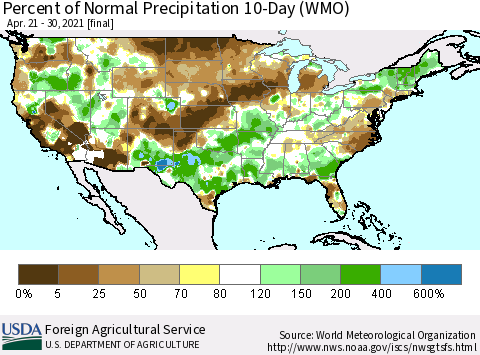 United States Percent of Normal Precipitation 10-Day (WMO) Thematic Map For 4/21/2021 - 4/30/2021