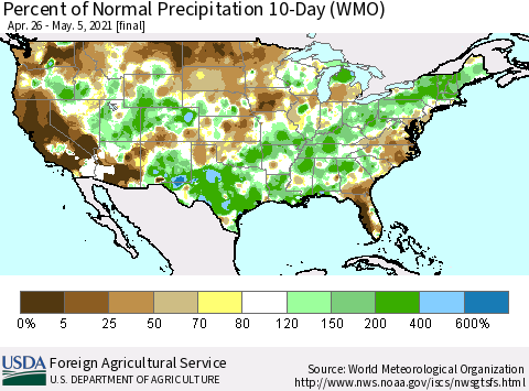 United States Percent of Normal Precipitation 10-Day (WMO) Thematic Map For 4/26/2021 - 5/5/2021