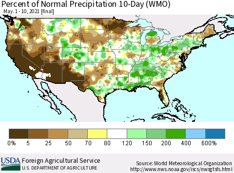 United States Percent of Normal Precipitation 10-Day (WMO) Thematic Map For 5/1/2021 - 5/10/2021