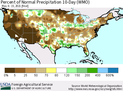 United States Percent of Normal Precipitation 10-Day (WMO) Thematic Map For 5/6/2021 - 5/15/2021