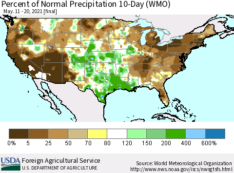 United States Percent of Normal Precipitation 10-Day (WMO) Thematic Map For 5/11/2021 - 5/20/2021