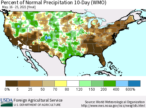 United States Percent of Normal Precipitation 10-Day (WMO) Thematic Map For 5/16/2021 - 5/25/2021