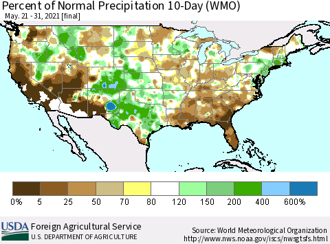 United States Percent of Normal Precipitation 10-Day (WMO) Thematic Map For 5/21/2021 - 5/31/2021