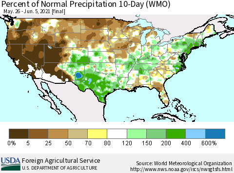 United States Percent of Normal Precipitation 10-Day (WMO) Thematic Map For 5/26/2021 - 6/5/2021