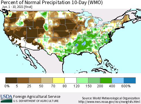 United States Percent of Normal Precipitation 10-Day (WMO) Thematic Map For 6/1/2021 - 6/10/2021