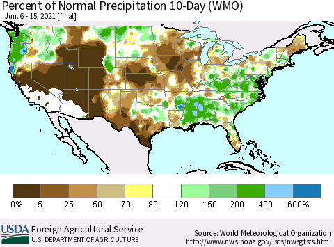 United States Percent of Normal Precipitation 10-Day (WMO) Thematic Map For 6/6/2021 - 6/15/2021