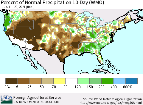 United States Percent of Normal Precipitation 10-Day (WMO) Thematic Map For 6/11/2021 - 6/20/2021