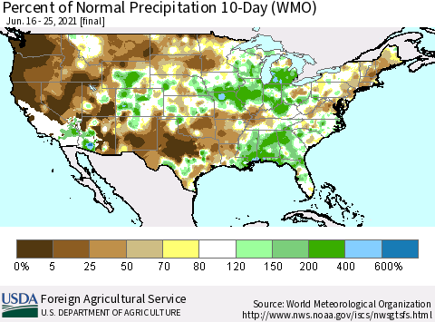 United States Percent of Normal Precipitation 10-Day (WMO) Thematic Map For 6/16/2021 - 6/25/2021