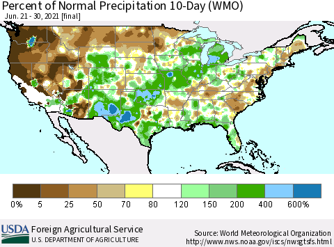 United States Percent of Normal Precipitation 10-Day (WMO) Thematic Map For 6/21/2021 - 6/30/2021