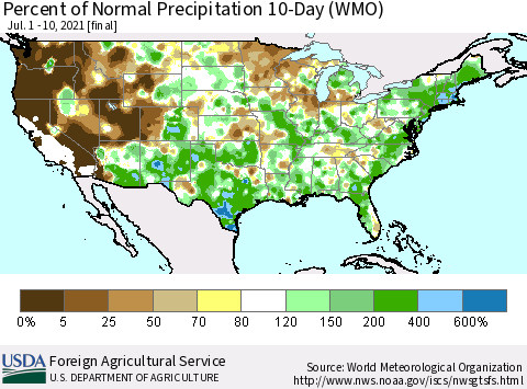 United States Percent of Normal Precipitation 10-Day (WMO) Thematic Map For 7/1/2021 - 7/10/2021
