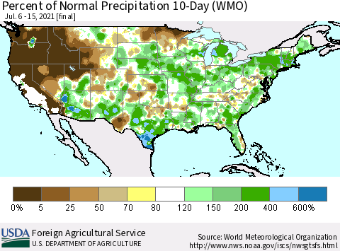 United States Percent of Normal Precipitation 10-Day (WMO) Thematic Map For 7/6/2021 - 7/15/2021