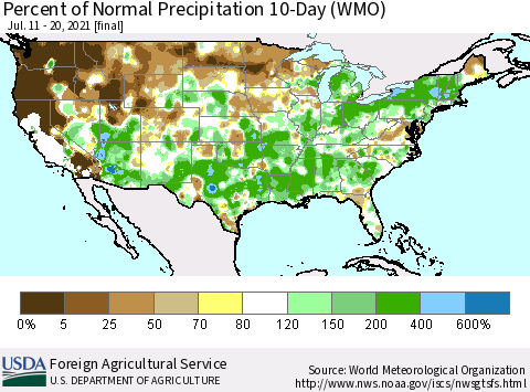 United States Percent of Normal Precipitation 10-Day (WMO) Thematic Map For 7/11/2021 - 7/20/2021