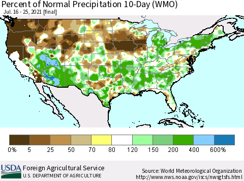 United States Percent of Normal Precipitation 10-Day (WMO) Thematic Map For 7/16/2021 - 7/25/2021