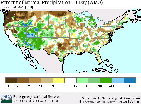 United States Percent of Normal Precipitation 10-Day (WMO) Thematic Map For 7/21/2021 - 7/31/2021