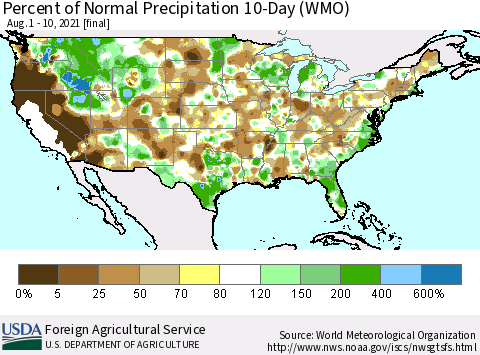 United States Percent of Normal Precipitation 10-Day (WMO) Thematic Map For 8/1/2021 - 8/10/2021