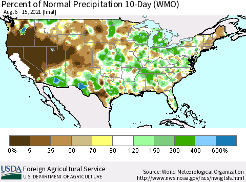 United States Percent of Normal Precipitation 10-Day (WMO) Thematic Map For 8/6/2021 - 8/15/2021