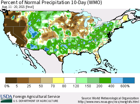 United States Percent of Normal Precipitation 10-Day (WMO) Thematic Map For 8/11/2021 - 8/20/2021