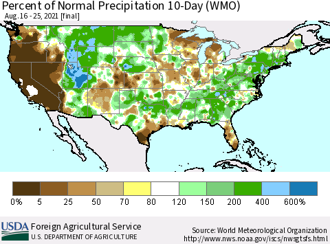 United States Percent of Normal Precipitation 10-Day (WMO) Thematic Map For 8/16/2021 - 8/25/2021