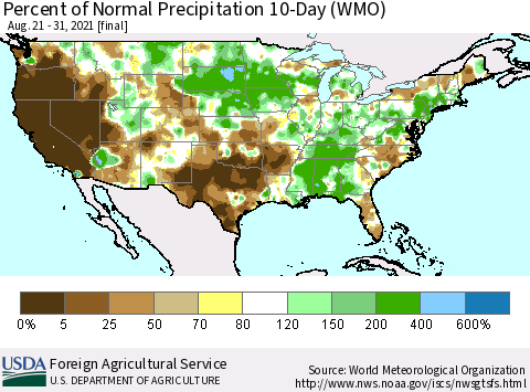 United States Percent of Normal Precipitation 10-Day (WMO) Thematic Map For 8/21/2021 - 8/31/2021