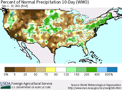 United States Percent of Normal Precipitation 10-Day (WMO) Thematic Map For 9/1/2021 - 9/10/2021