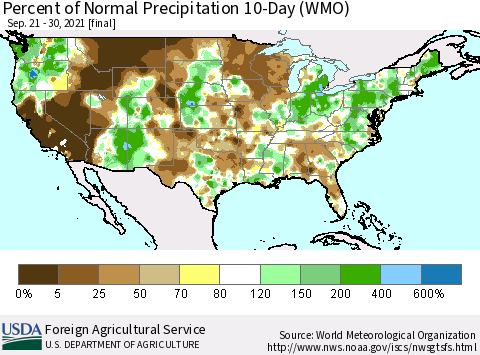 United States Percent of Normal Precipitation 10-Day (WMO) Thematic Map For 9/21/2021 - 9/30/2021