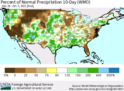 United States Percent of Normal Precipitation 10-Day (WMO) Thematic Map For 9/26/2021 - 10/5/2021