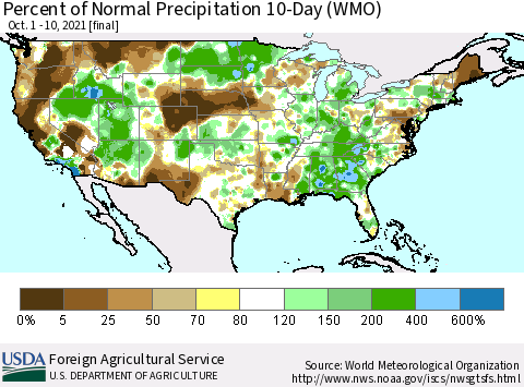 United States Percent of Normal Precipitation 10-Day (WMO) Thematic Map For 10/1/2021 - 10/10/2021