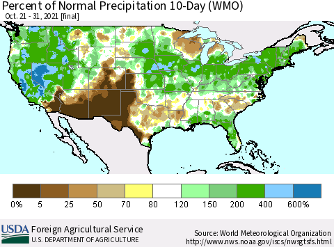 United States Percent of Normal Precipitation 10-Day (WMO) Thematic Map For 10/21/2021 - 10/31/2021