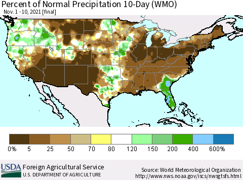 United States Percent of Normal Precipitation 10-Day (WMO) Thematic Map For 11/1/2021 - 11/10/2021