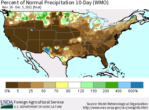 United States Percent of Normal Precipitation 10-Day (WMO) Thematic Map For 11/26/2021 - 12/5/2021