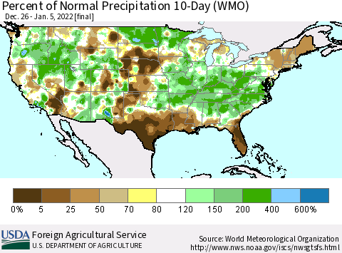 United States Percent of Normal Precipitation 10-Day (WMO) Thematic Map For 12/26/2021 - 1/5/2022