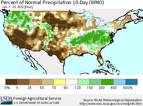 United States Percent of Normal Precipitation 10-Day (WMO) Thematic Map For 1/1/2022 - 1/10/2022