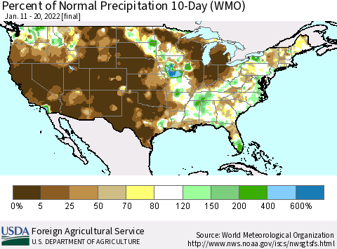 United States Percent of Normal Precipitation 10-Day (WMO) Thematic Map For 1/11/2022 - 1/20/2022