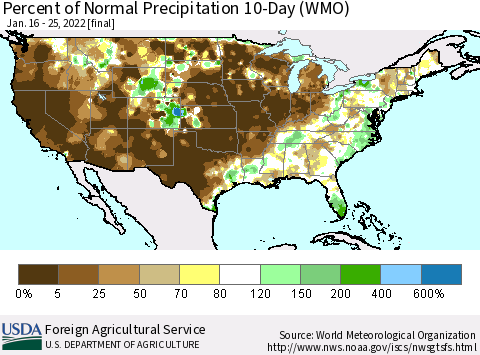 United States Percent of Normal Precipitation 10-Day (WMO) Thematic Map For 1/16/2022 - 1/25/2022