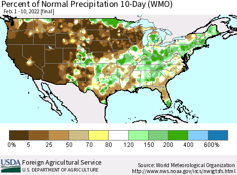 United States Percent of Normal Precipitation 10-Day (WMO) Thematic Map For 2/1/2022 - 2/10/2022