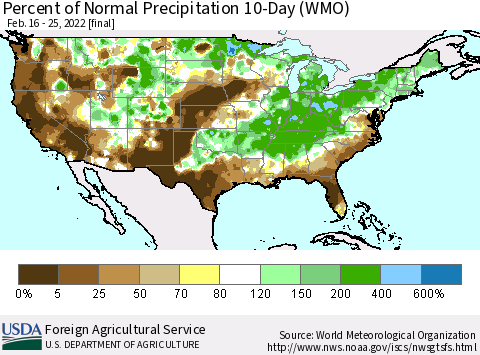 United States Percent of Normal Precipitation 10-Day (WMO) Thematic Map For 2/16/2022 - 2/25/2022