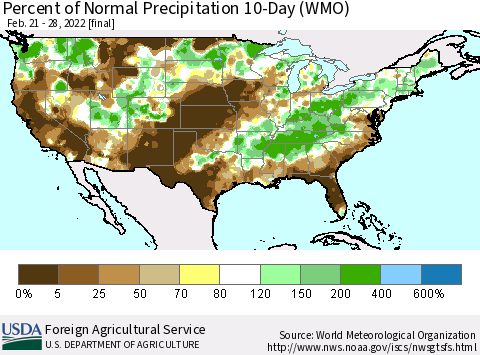 United States Percent of Normal Precipitation 10-Day (WMO) Thematic Map For 2/21/2022 - 2/28/2022