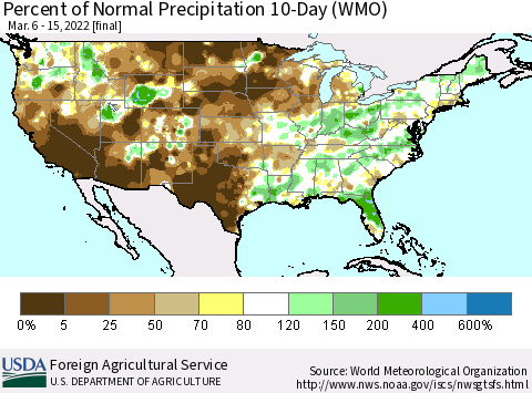 United States Percent of Normal Precipitation 10-Day (WMO) Thematic Map For 3/6/2022 - 3/15/2022