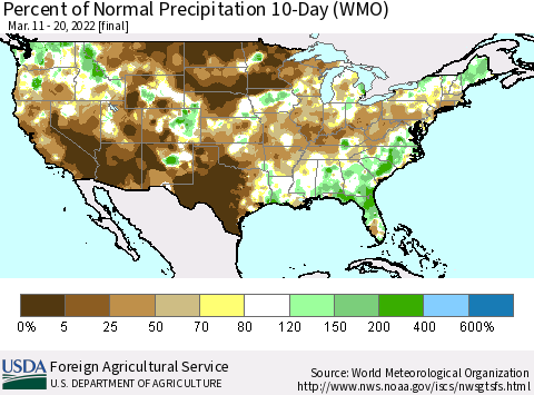 United States Percent of Normal Precipitation 10-Day (WMO) Thematic Map For 3/11/2022 - 3/20/2022