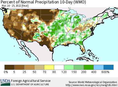 United States Percent of Normal Precipitation 10-Day (WMO) Thematic Map For 3/16/2022 - 3/25/2022