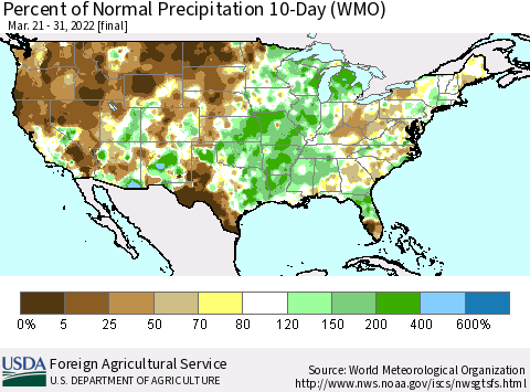 United States Percent of Normal Precipitation 10-Day (WMO) Thematic Map For 3/21/2022 - 3/31/2022