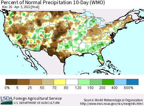 United States Percent of Normal Precipitation 10-Day (WMO) Thematic Map For 3/26/2022 - 4/5/2022