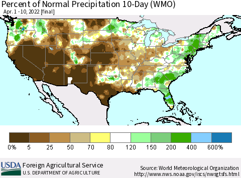 United States Percent of Normal Precipitation 10-Day (WMO) Thematic Map For 4/1/2022 - 4/10/2022