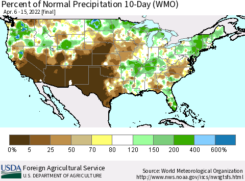United States Percent of Normal Precipitation 10-Day (WMO) Thematic Map For 4/6/2022 - 4/15/2022