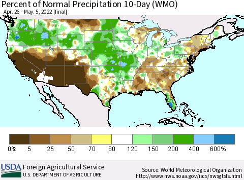 United States Percent of Normal Precipitation 10-Day (WMO) Thematic Map For 4/26/2022 - 5/5/2022