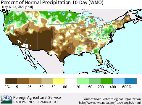 United States Percent of Normal Precipitation 10-Day (WMO) Thematic Map For 5/6/2022 - 5/15/2022